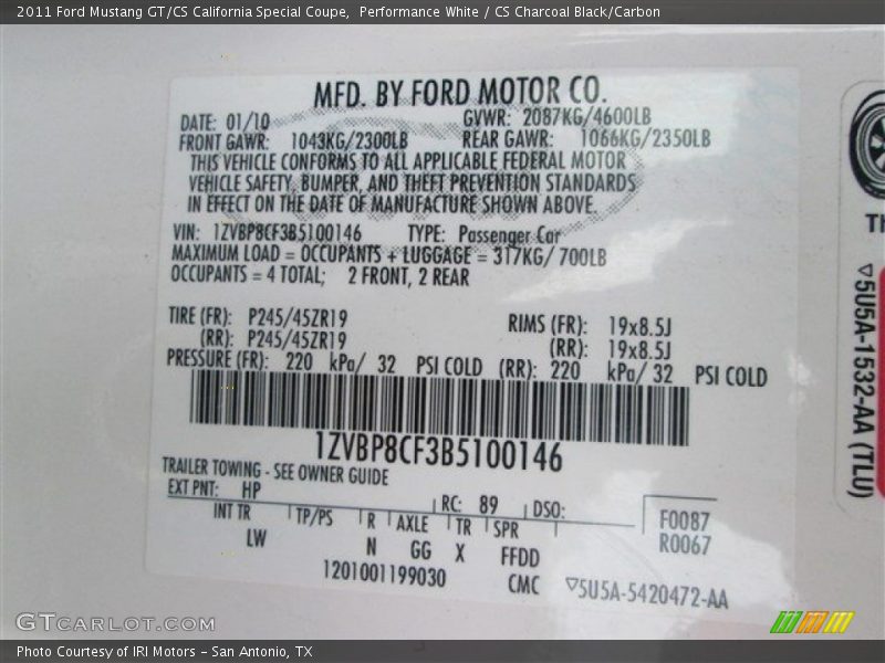 Performance White / CS Charcoal Black/Carbon 2011 Ford Mustang GT/CS California Special Coupe