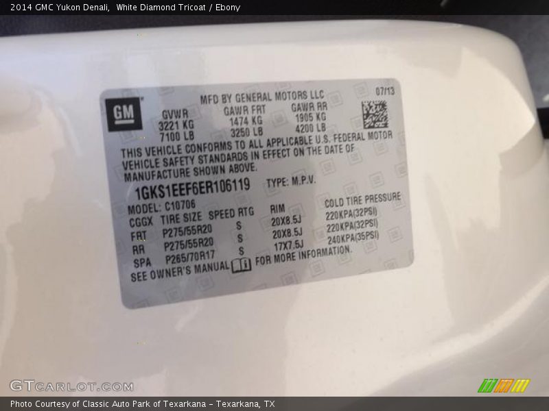 Info Tag of 2014 Yukon Denali