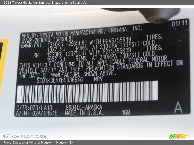 Blizzard White Pearl / Ash 2011 Toyota Highlander Limited