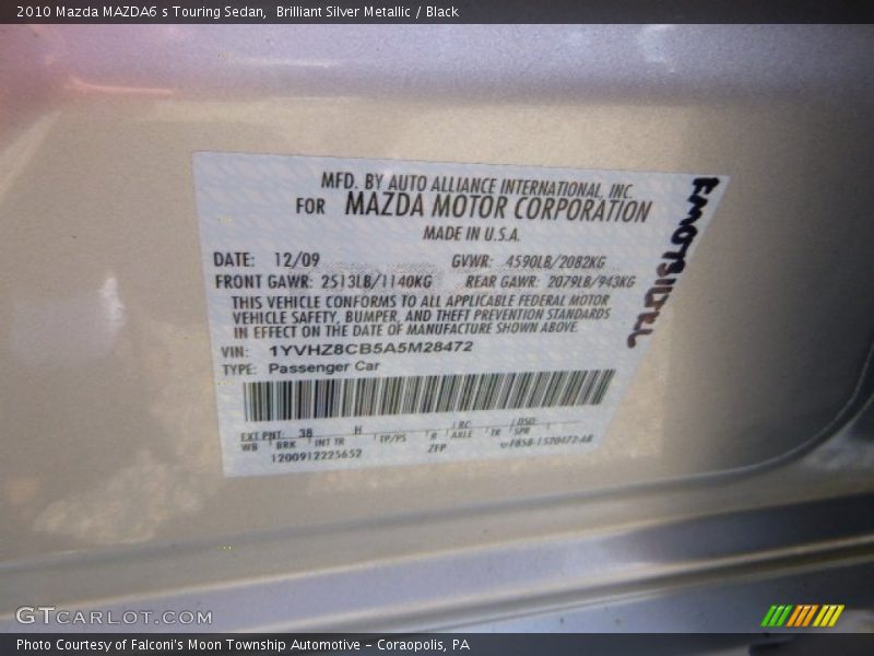 Brilliant Silver Metallic / Black 2010 Mazda MAZDA6 s Touring Sedan