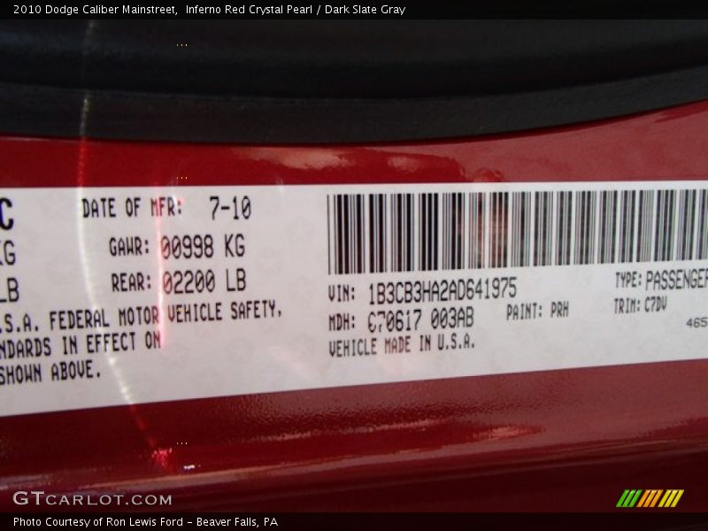 Inferno Red Crystal Pearl / Dark Slate Gray 2010 Dodge Caliber Mainstreet