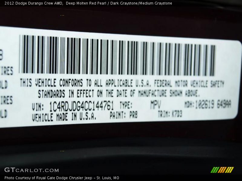 Deep Molten Red Pearl / Dark Graystone/Medium Graystone 2012 Dodge Durango Crew AWD