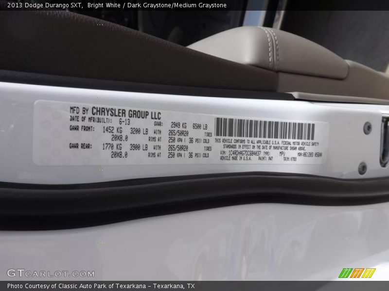 Bright White / Dark Graystone/Medium Graystone 2013 Dodge Durango SXT