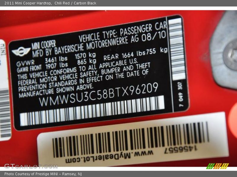 Chili Red / Carbon Black 2011 Mini Cooper Hardtop