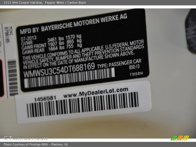 Pepper White / Carbon Black 2013 Mini Cooper Hardtop
