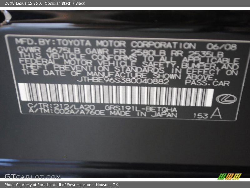 Obsidian Black / Black 2008 Lexus GS 350