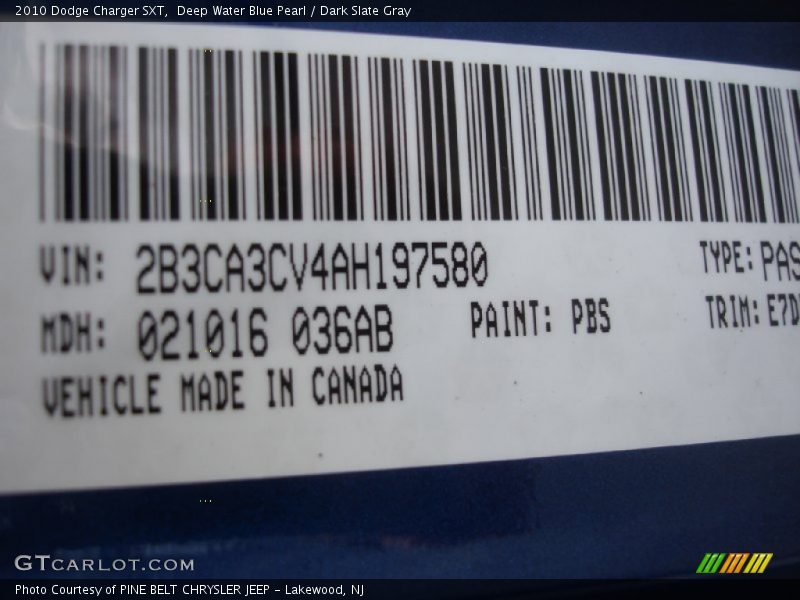 Deep Water Blue Pearl / Dark Slate Gray 2010 Dodge Charger SXT