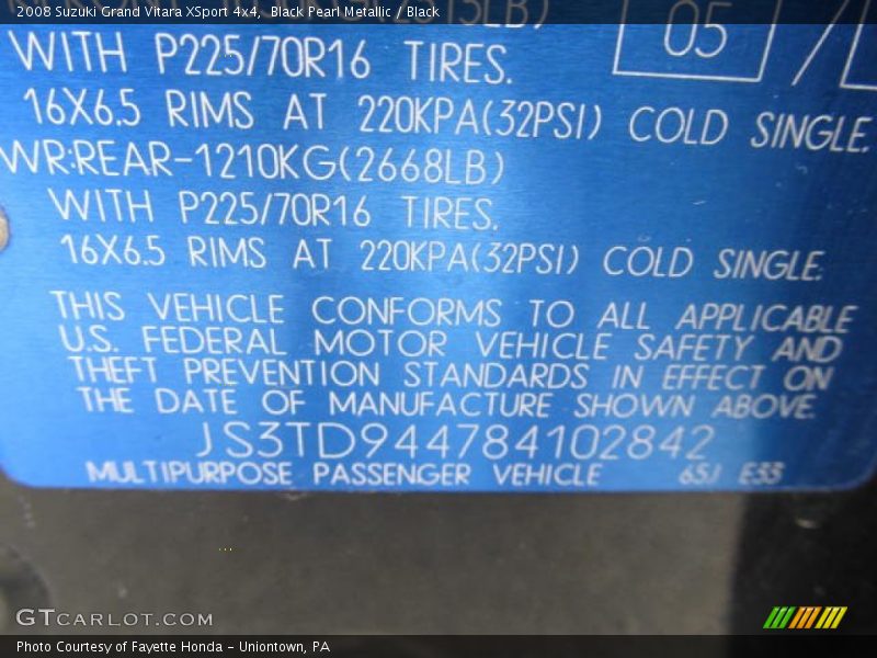 Black Pearl Metallic / Black 2008 Suzuki Grand Vitara XSport 4x4