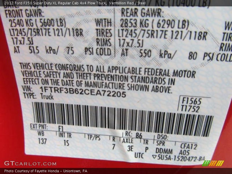 2012 F350 Super Duty XL Regular Cab 4x4 Plow Truck Vermillion Red Color Code F1