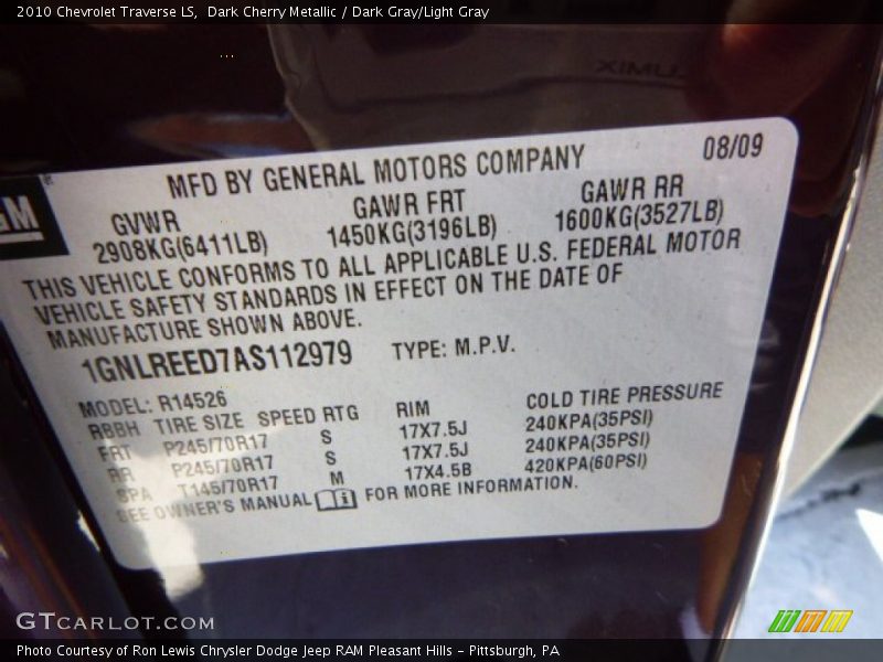 Dark Cherry Metallic / Dark Gray/Light Gray 2010 Chevrolet Traverse LS