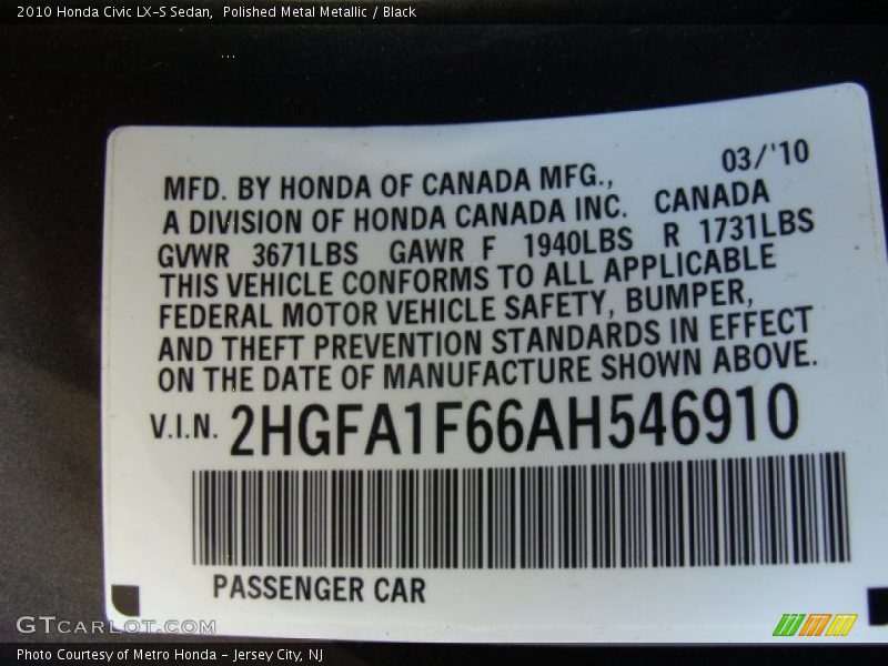 Polished Metal Metallic / Black 2010 Honda Civic LX-S Sedan