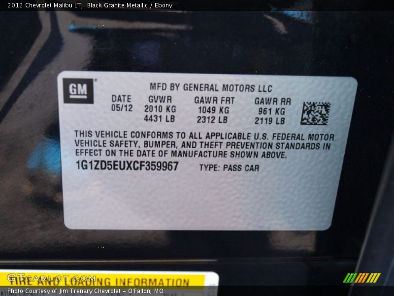 Black Granite Metallic / Ebony 2012 Chevrolet Malibu LT