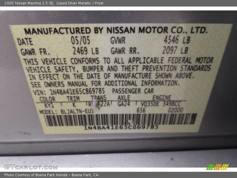 Liquid Silver Metallic / Frost 2005 Nissan Maxima 3.5 SE