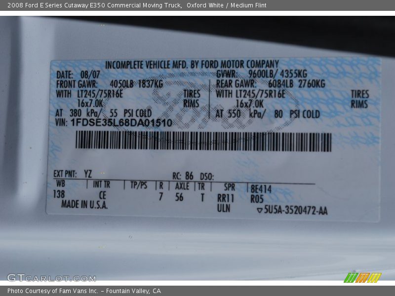 Oxford White / Medium Flint 2008 Ford E Series Cutaway E350 Commercial Moving Truck