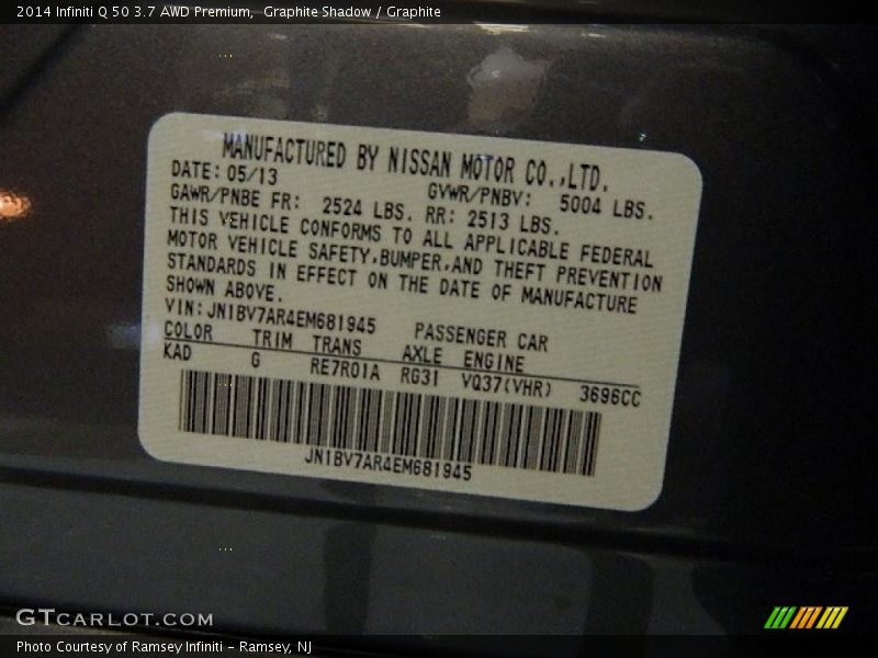 2014 Q 50 3.7 AWD Premium Graphite Shadow Color Code KAD
