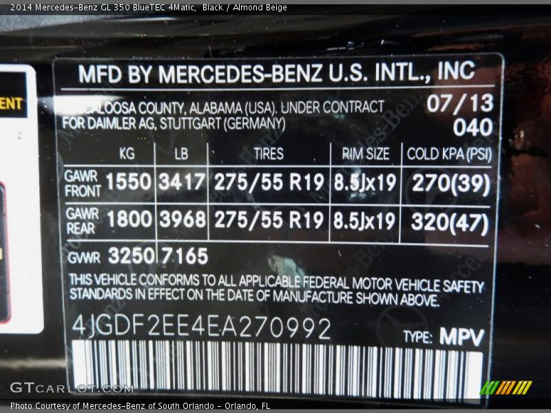 2014 GL 350 BlueTEC 4Matic Black Color Code 040