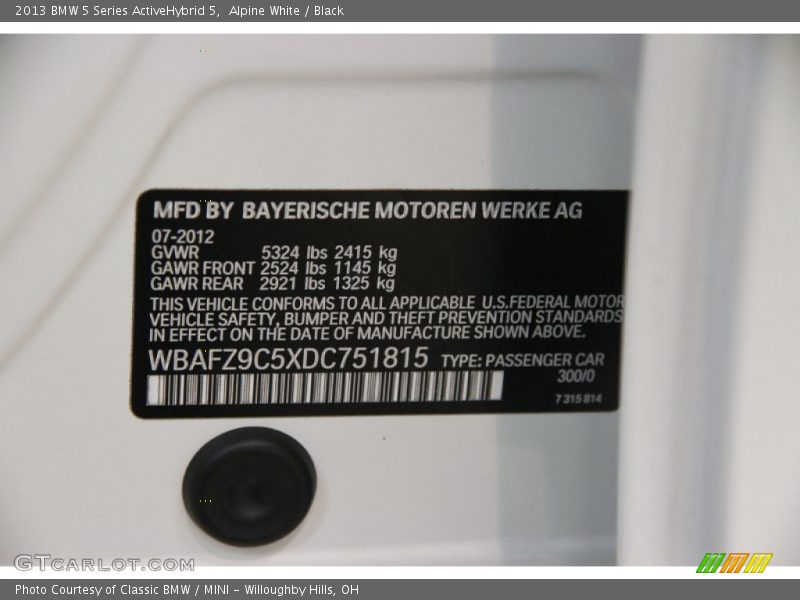 2013 5 Series ActiveHybrid 5 Alpine White Color Code 300