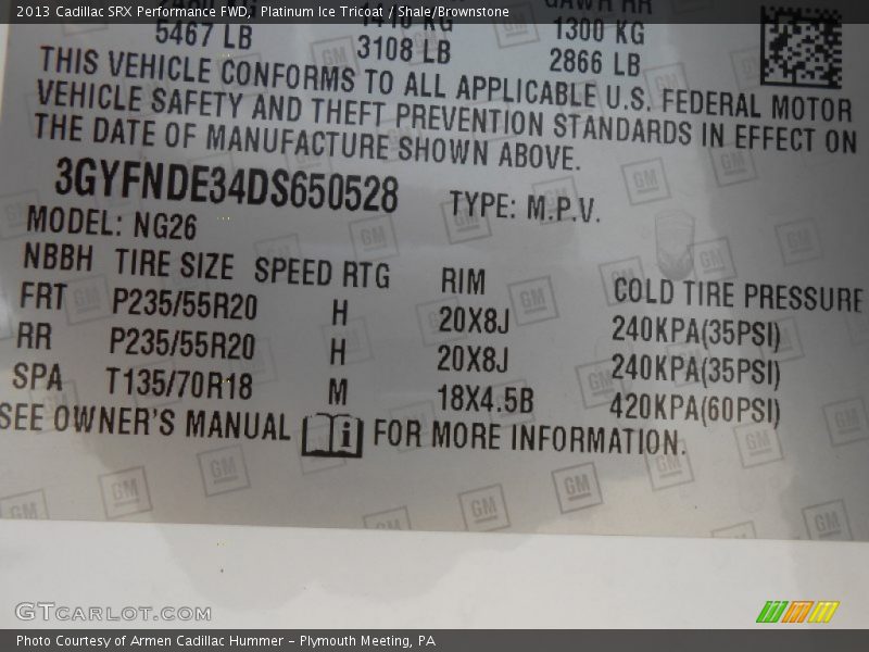 Platinum Ice Tricoat / Shale/Brownstone 2013 Cadillac SRX Performance FWD