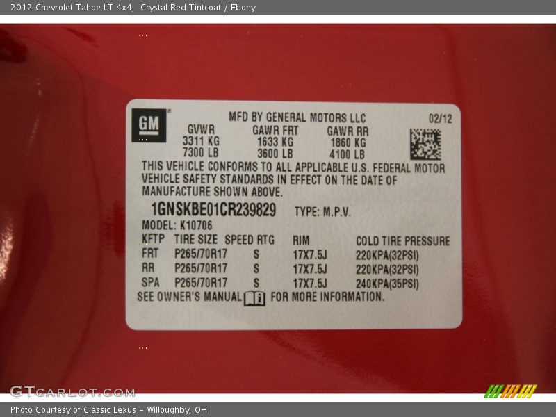 Crystal Red Tintcoat / Ebony 2012 Chevrolet Tahoe LT 4x4