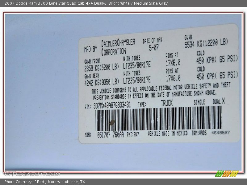 Bright White / Medium Slate Gray 2007 Dodge Ram 3500 Lone Star Quad Cab 4x4 Dually