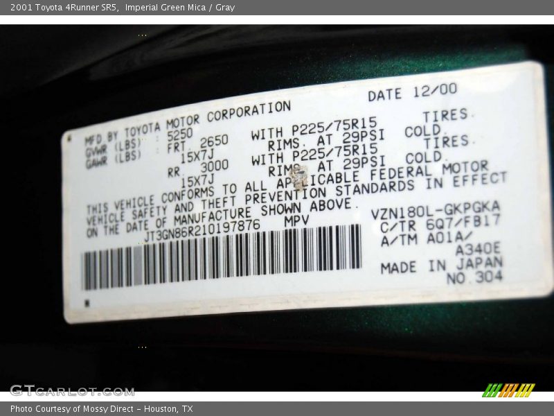 Imperial Green Mica / Gray 2001 Toyota 4Runner SR5