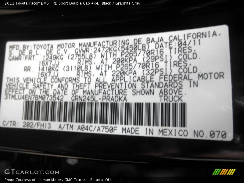 Black / Graphite Gray 2011 Toyota Tacoma V6 TRD Sport Double Cab 4x4