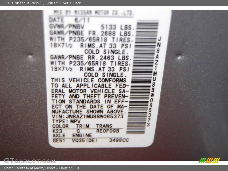 Brilliant Silver / Black 2011 Nissan Murano SL