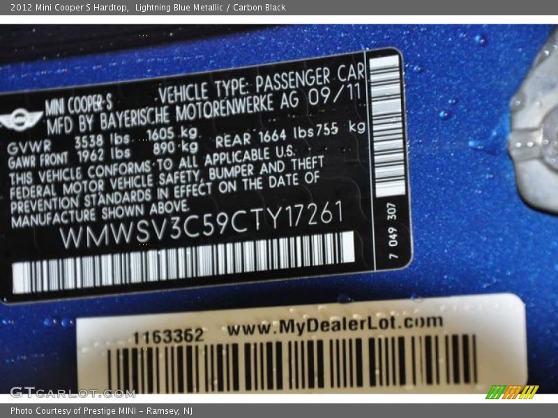 Lightning Blue Metallic / Carbon Black 2012 Mini Cooper S Hardtop