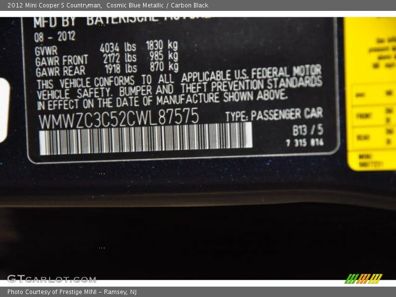Cosmic Blue Metallic / Carbon Black 2012 Mini Cooper S Countryman