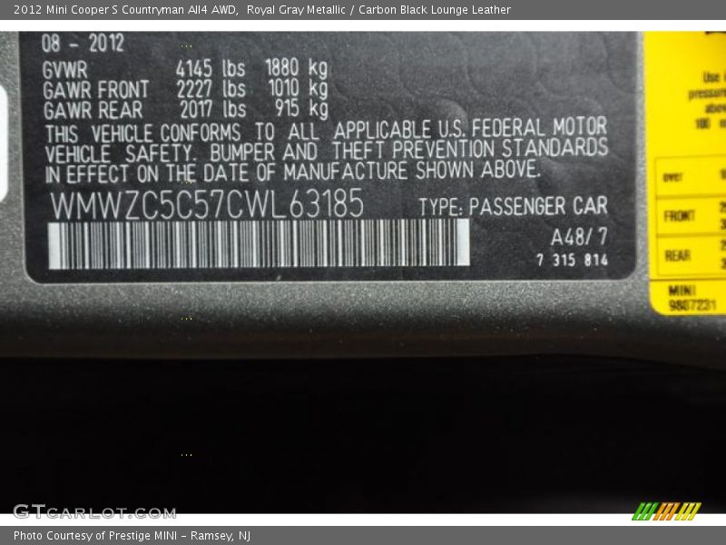 Royal Gray Metallic / Carbon Black Lounge Leather 2012 Mini Cooper S Countryman All4 AWD