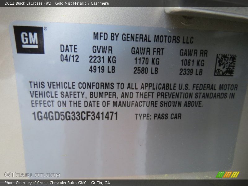 Gold Mist Metallic / Cashmere 2012 Buick LaCrosse FWD