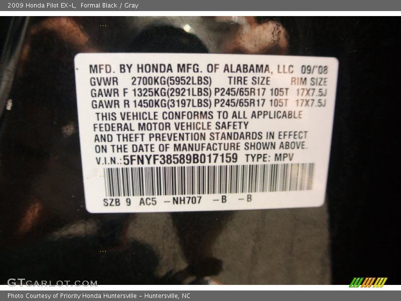 Formal Black / Gray 2009 Honda Pilot EX-L