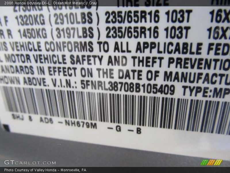 Ocean Mist Metallic / Gray 2008 Honda Odyssey EX-L