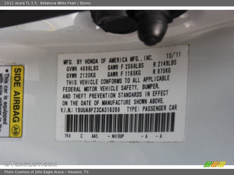 Bellanova White Pearl / Ebony 2012 Acura TL 3.5
