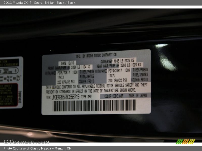 Brilliant Black / Black 2011 Mazda CX-7 i Sport