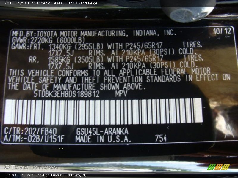 Black / Sand Beige 2013 Toyota Highlander V6 4WD