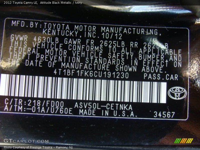 Attitude Black Metallic / Ivory 2012 Toyota Camry LE