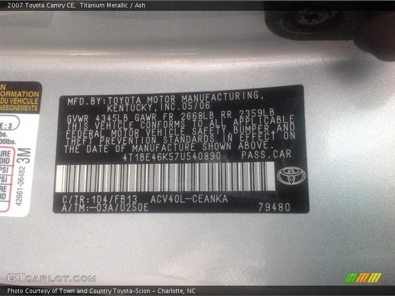 Titanium Metallic / Ash 2007 Toyota Camry CE