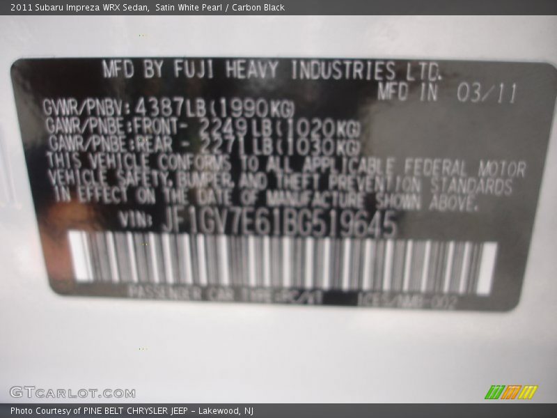 Satin White Pearl / Carbon Black 2011 Subaru Impreza WRX Sedan