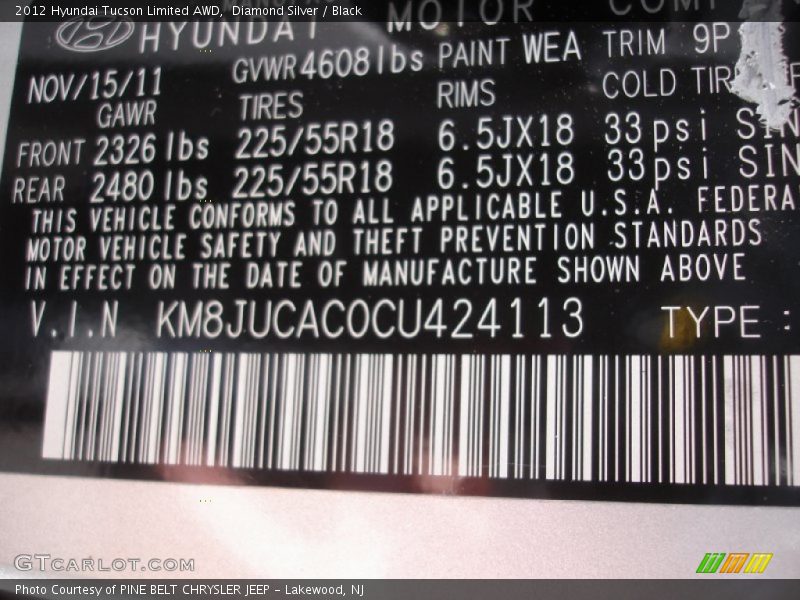 Diamond Silver / Black 2012 Hyundai Tucson Limited AWD