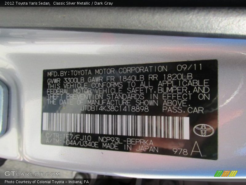 Classic Silver Metallic / Dark Gray 2012 Toyota Yaris Sedan
