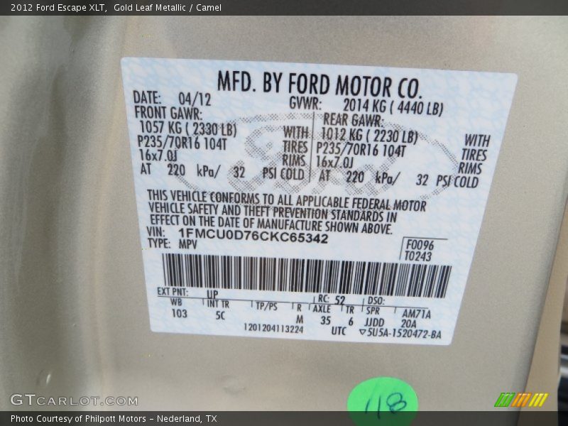 Gold Leaf Metallic / Camel 2012 Ford Escape XLT