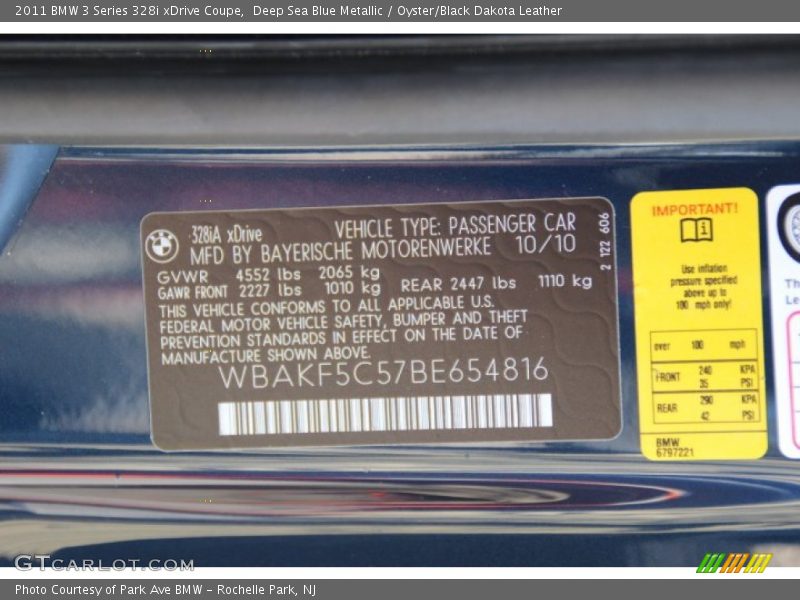 Deep Sea Blue Metallic / Oyster/Black Dakota Leather 2011 BMW 3 Series 328i xDrive Coupe