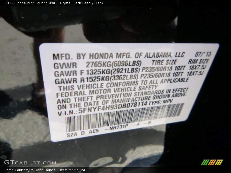 Crystal Black Pearl / Black 2013 Honda Pilot Touring 4WD