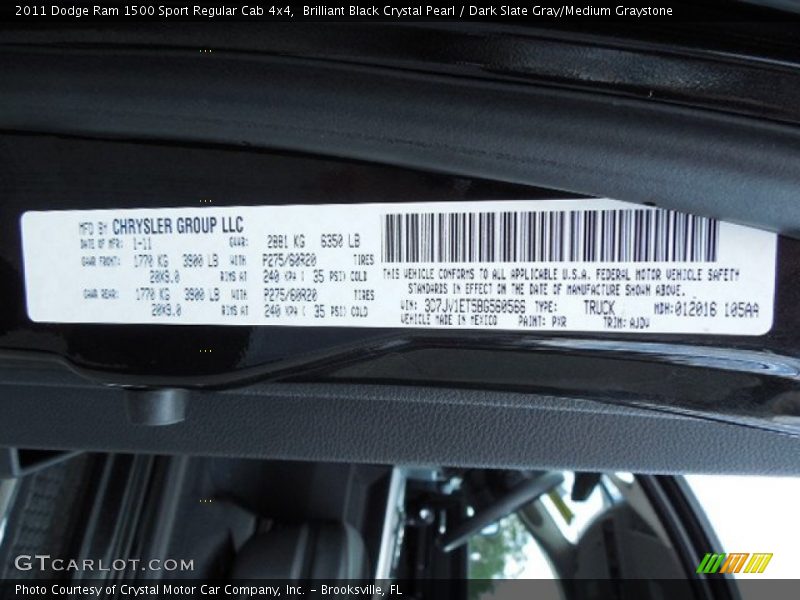 Brilliant Black Crystal Pearl / Dark Slate Gray/Medium Graystone 2011 Dodge Ram 1500 Sport Regular Cab 4x4