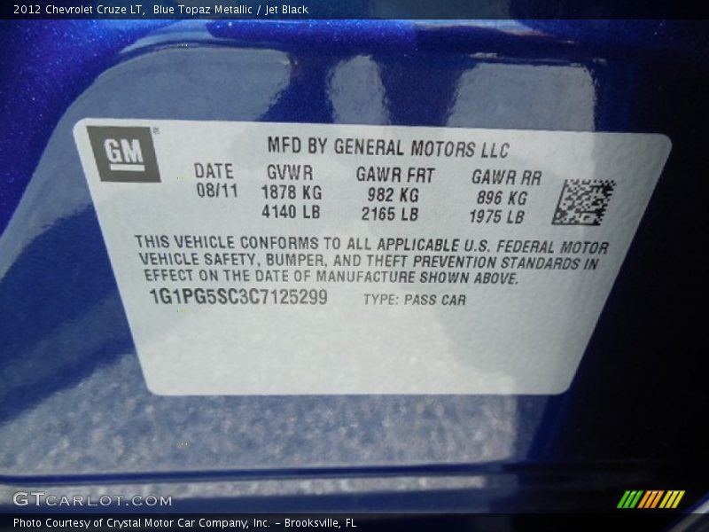 Blue Topaz Metallic / Jet Black 2012 Chevrolet Cruze LT