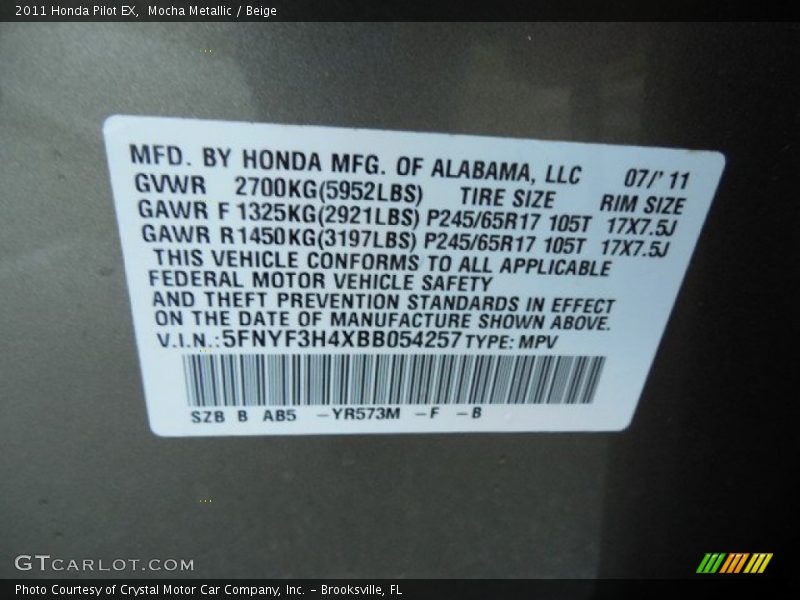 Mocha Metallic / Beige 2011 Honda Pilot EX