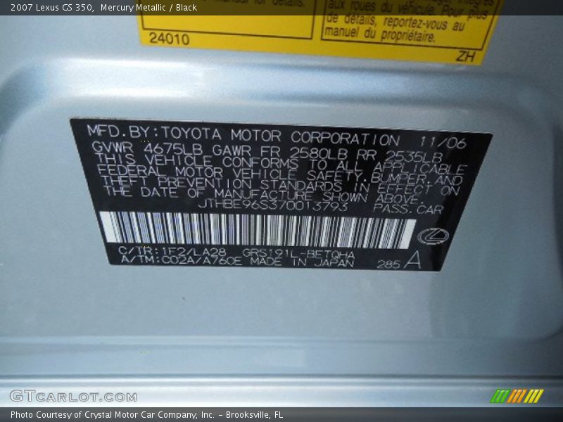 Mercury Metallic / Black 2007 Lexus GS 350