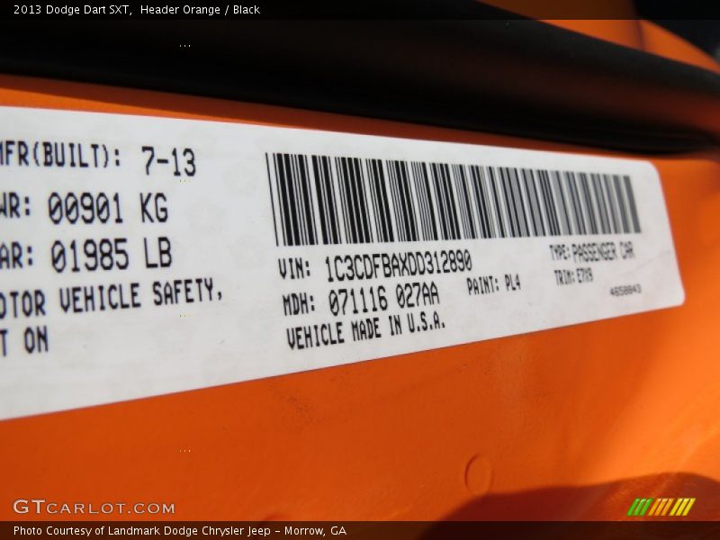 Header Orange / Black 2013 Dodge Dart SXT