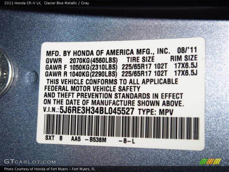 Glacier Blue Metallic / Gray 2011 Honda CR-V LX